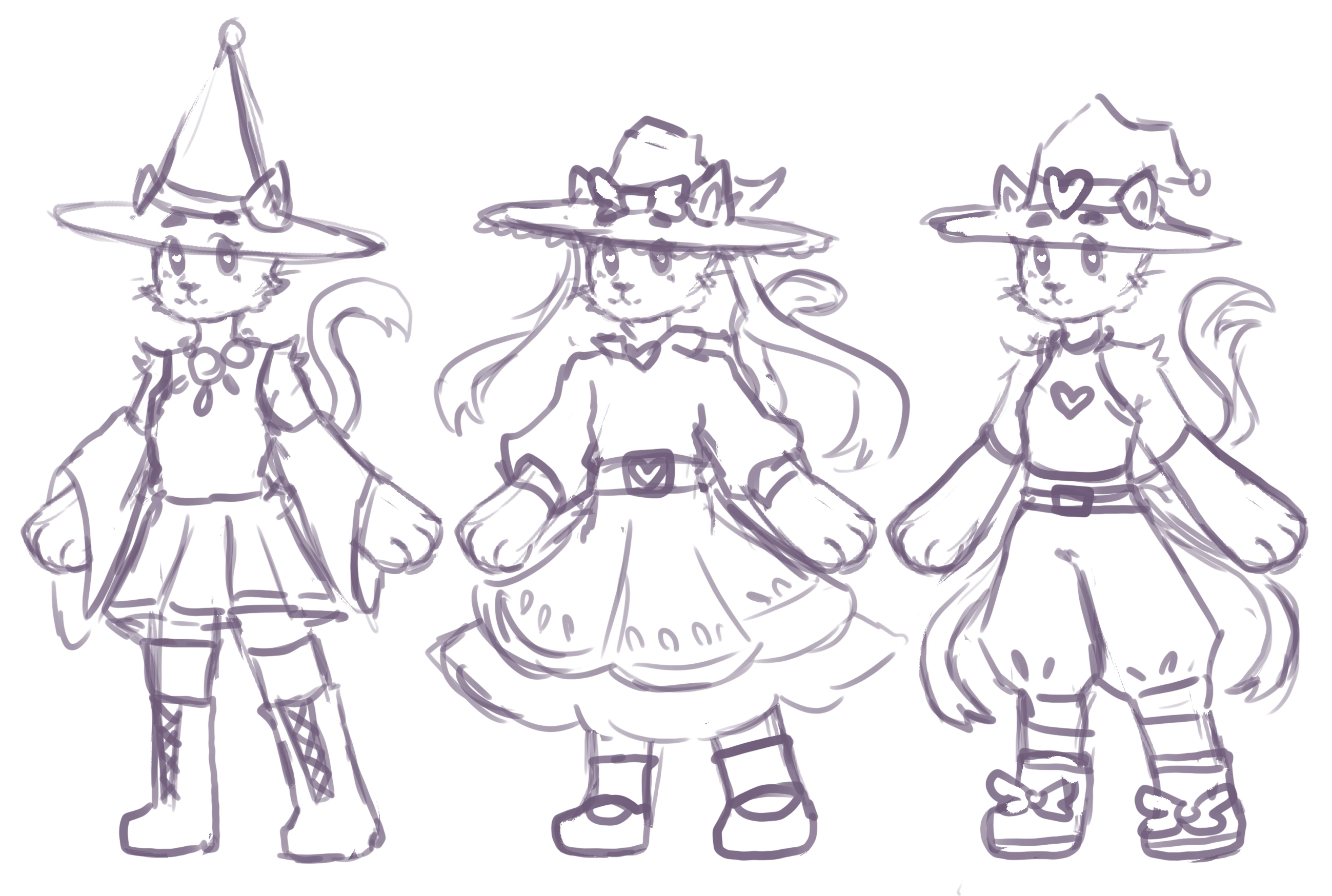 an illustration of some character concepts of a magical girl cat.